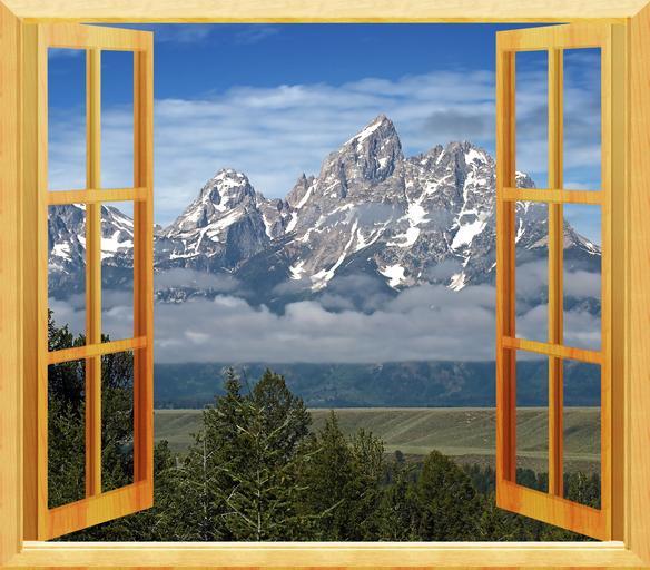 Otvorené okno, krásny výhľad, hory, príroda